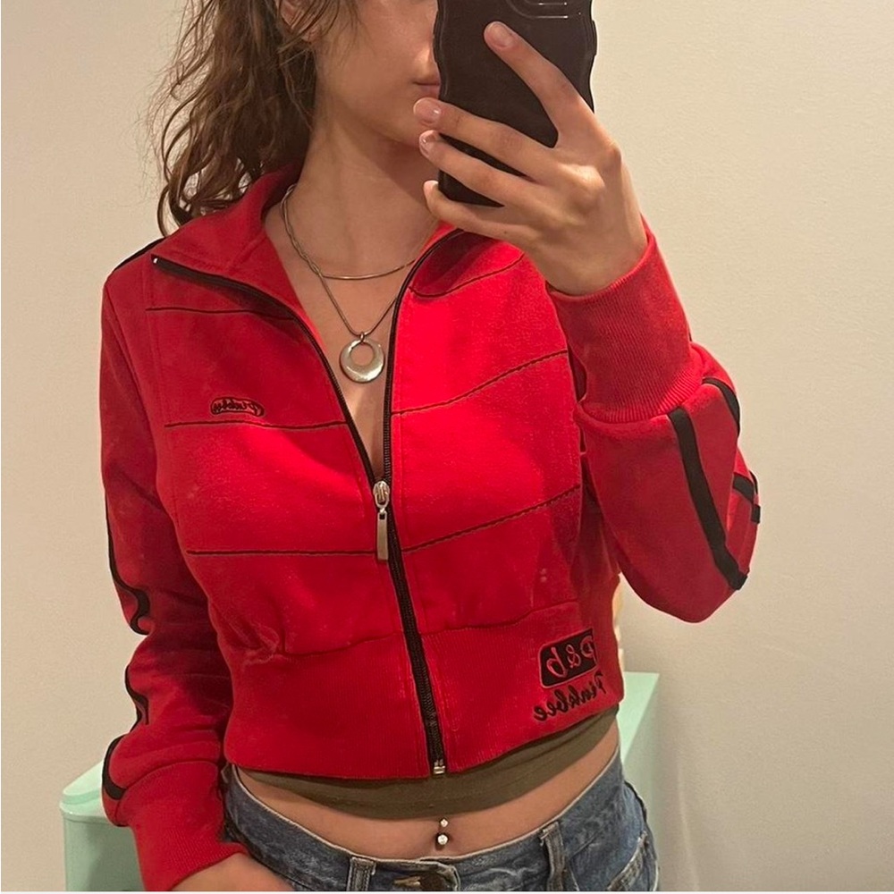 Unique Cropped Pink Bee red zip-up jacket